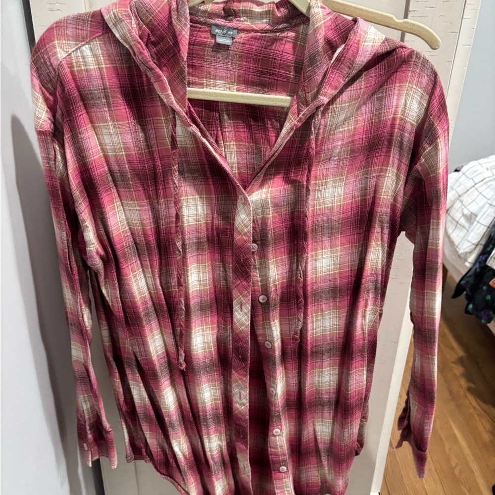 Aerie Pink and Brown Plaid Shirt